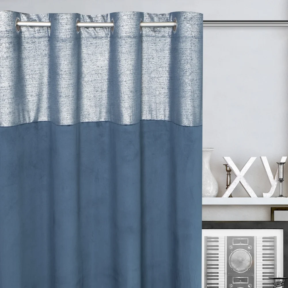 Draperie catifea bleumarin Peri 140x250 cm cu dungă decorativă argintie