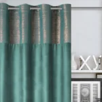 Draperie catifea turcoaz inchis Peri 140x250 cm cu dungă decorativă argintie