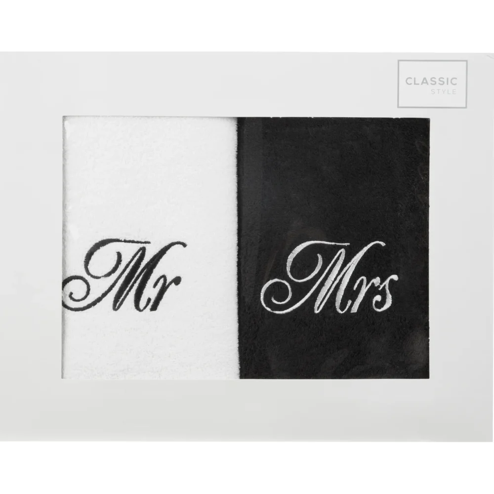 Prosoape de baie alb cu negru cu broderie Mrs&Mr, set de 2 buc., în ambalaj de carton