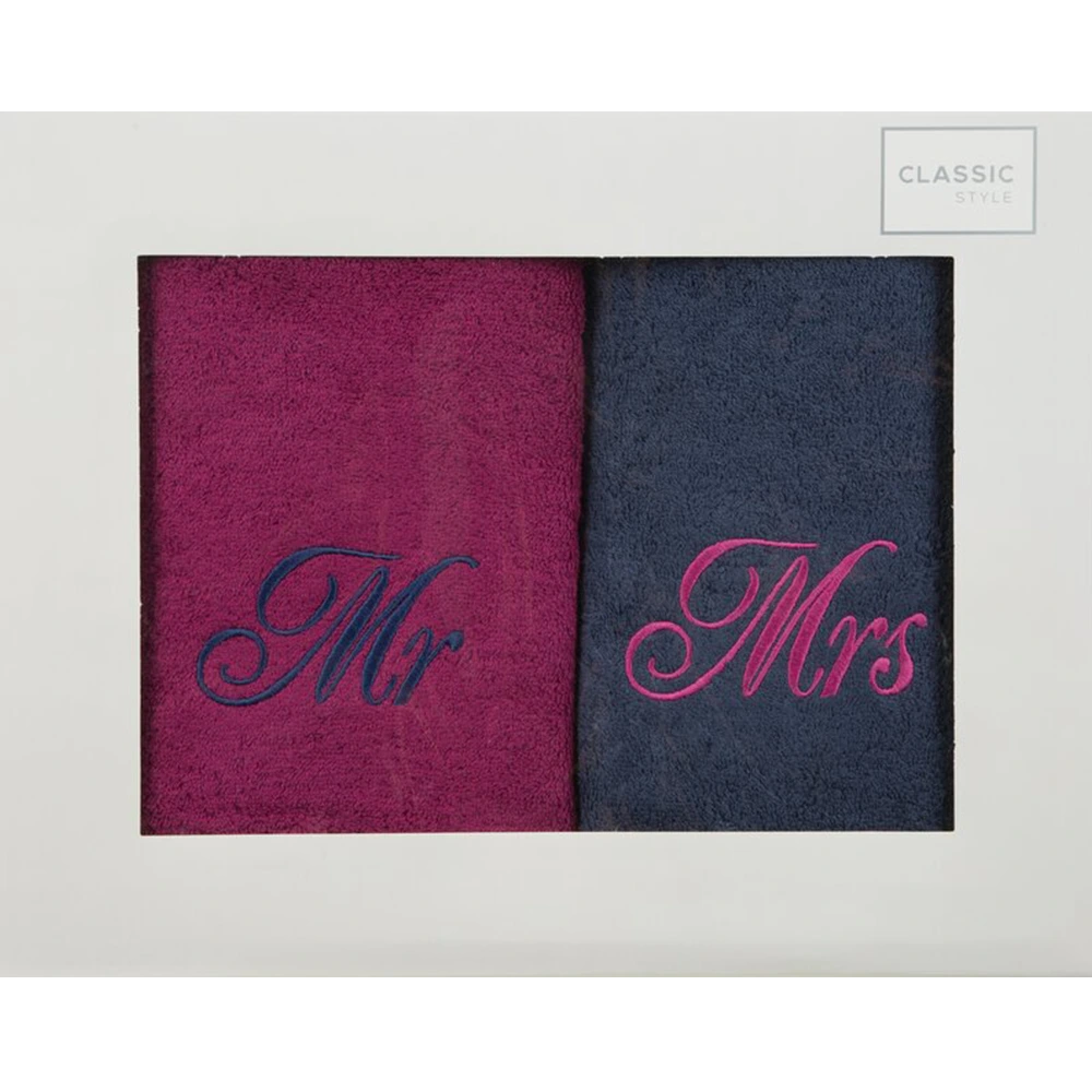 Prosoape de baie mov cu bleumarin cu broderie Mrs&Mr, set de 2 buc., în ambalaj de carton