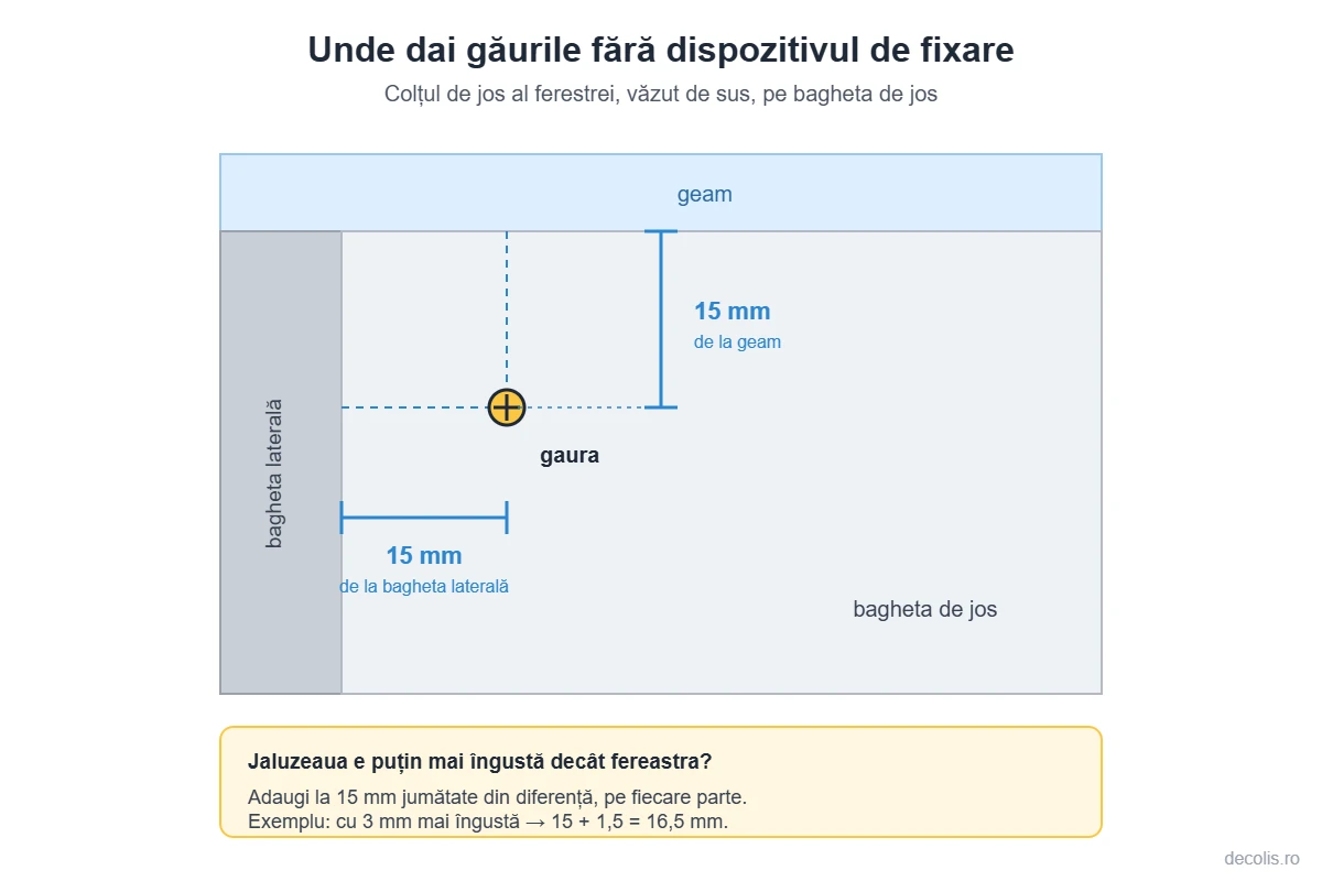 Poziția găurilor pentru montajul jaluzelelor plisate – 15 mm de la bagheta laterală și 15 mm de la geam